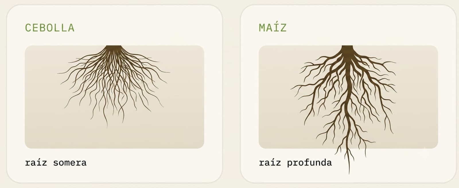 Comparación de profundidad de raíces: cebolla (raíz somera) y maíz (raíz profunda)